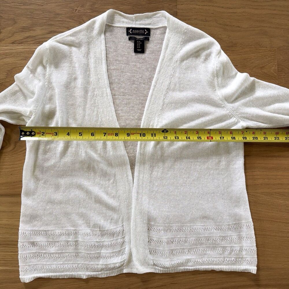 NANETTE LEPORE 100% Linen White Cardigan Open Front M Pointelle Dainty Coquette - Picture 10 of 13